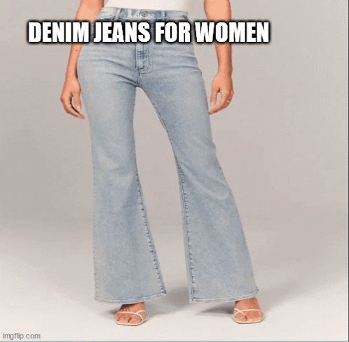 A Woman Wearing A Yellow Crop Top And Black Ripped Jeans With The Words Denim Jeans For Women Below Her GIF
