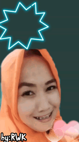 A Woman Wearing An Orange Hijab Is Smiling With A Neon Star Above Her Head And The Words By Rwk Below Her GIF