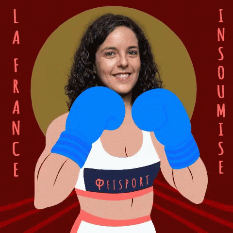 A Woman Wearing Blue Boxing Gloves Has The Word Peisport On Her Shirt GIF