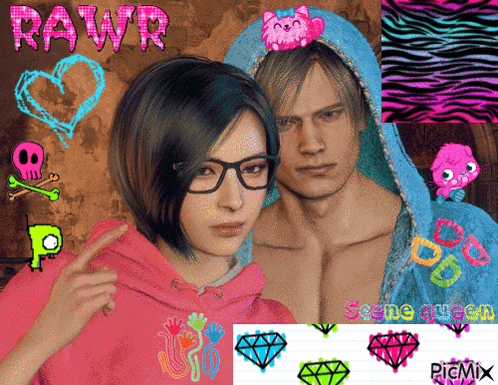 A Woman Wearing Glasses And A Man Wearing A Hoodie With The Word Rawr On It GIF