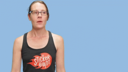 A Woman Wearing Glasses And A Tank Top That Says Stick Giggle Actually GIF
