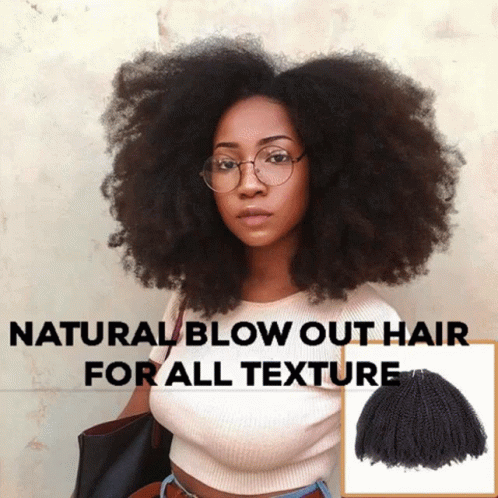 A Woman Wearing Glasses And A White Top With The Words Natural Blow Out Hair For All Texture Below Her GIF