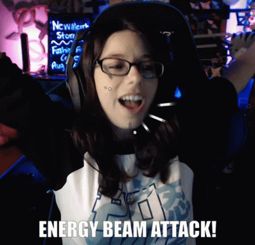 A Woman Wearing Glasses And Headphones With The Words Energy Beam Attack Below Her GIF