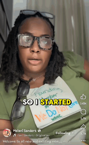 A Woman Wearing Glasses Holds A Piece Of Paper That Says So I Started GIF