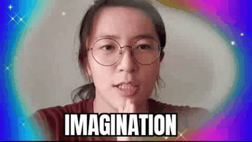 A Woman Wearing Glasses Is Making A Funny Face And The Words Imagination Are Above Her . GIF