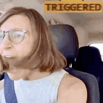 A Woman Wearing Glasses Is Sitting In A Car With A Sign That Says Triggered . GIF