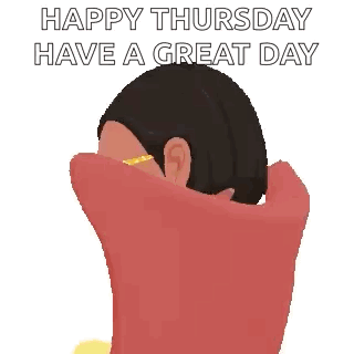 A Woman Wearing Glasses Is Sitting In A Chair And Says Happy Thursday Have A Great Day GIF
