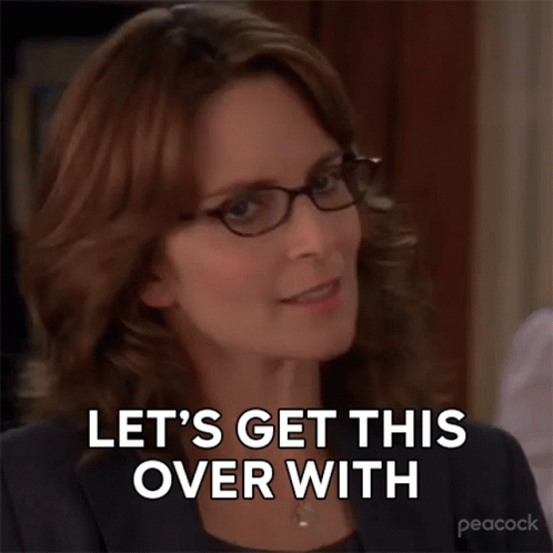 A Woman Wearing Glasses Is Talking And Saying Let 'S Get This Over With . GIF