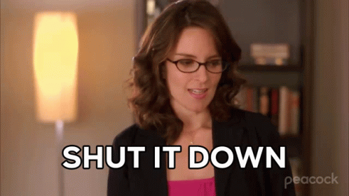 A Woman Wearing Glasses Says Shut It Down In A Peacock Ad GIF