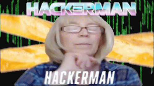 A Woman Wearing Glasses Stands In Front Of A Hackerman Logo GIF