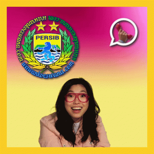 A Woman Wearing Glasses Stands In Front Of A Logo For Persib GIF