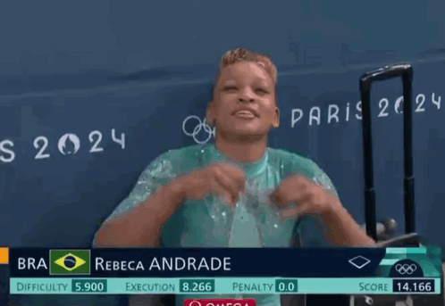 A Woman Wearing Glasses Stands In Front Of A Sign That Says " Rebeca Andrade " GIF