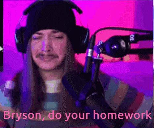 A Woman Wearing Headphones And A Beanie Is Holding A Microphone And Says Bryson Do Your Homework . GIF
