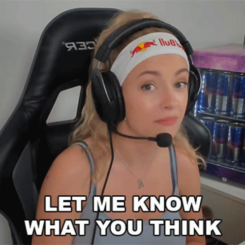 A Woman Wearing Headphones And A Headband With A Red Bull Logo On It Says Let Me Know What You Think GIF