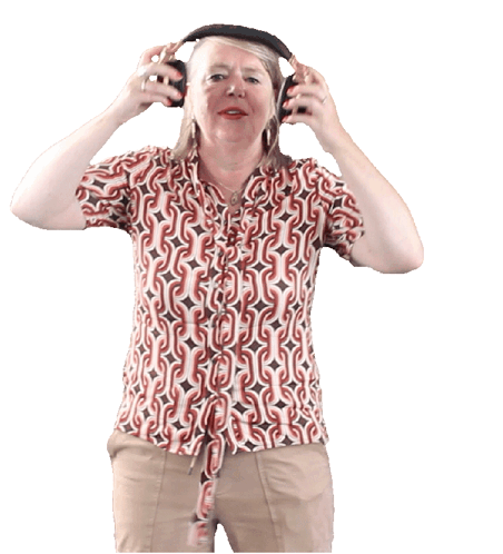 A Woman Wearing Headphones And A Shirt With A Pattern That Says ' A ' On It GIF