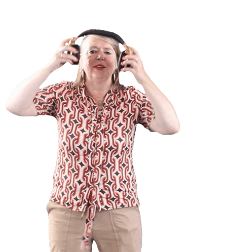 A Woman Wearing Headphones And A Shirt With A Pattern That Says S On It GIF