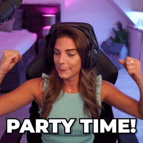A Woman Wearing Headphones Flexes Her Muscles With The Words Party Time Written Below Her GIF