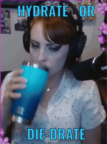 A Woman Wearing Headphones Is Drinking From A Blue Tumbler With The Words " Hydrate Or Die-Drate " On The Bottom GIF