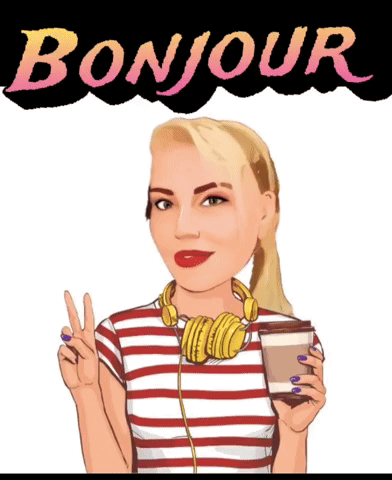 A Woman Wearing Headphones Is Holding A Cup Of Coffee And Giving A Peace Sign In Front Of The Word Bonjour GIF