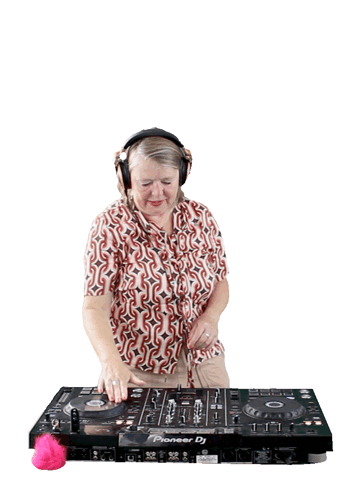 A Woman Wearing Headphones Is Playing Music On A Pioneer Dj GIF