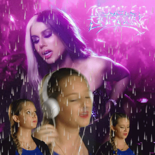 A Woman Wearing Headphones Is Singing In Front Of A Purple Background GIF
