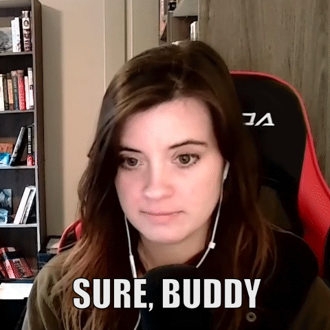 A Woman Wearing Headphones Is Sitting In A Chair With The Words Sure Buddy Written On The Screen . GIF