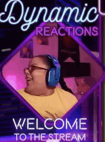 A Woman Wearing Headphones Is Sitting In Front Of A Neon Sign That Says `` Welcome To The Stream '' . GIF