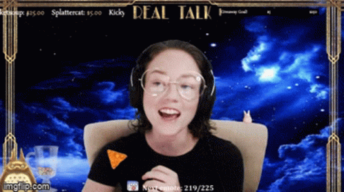 A Woman Wearing Headphones Is Smiling In Front Of A Deal Talk Banner GIF