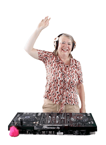 A Woman Wearing Headphones Is Standing In Front Of A Pioneer Dj Mixer GIF