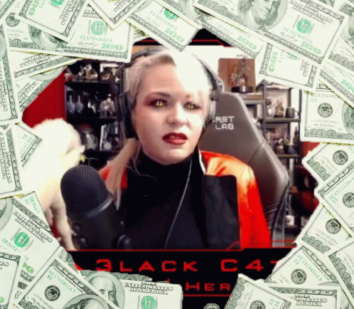 A Woman Wearing Headphones Is Surrounded By 100 Dollar Bills And The Words Black Cat Her GIF