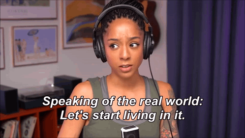Woman With Headphones Talking About Real World GIF