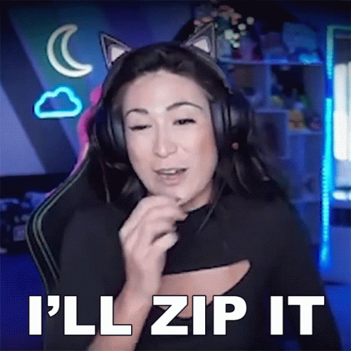 A Woman Wearing Headphones Says " I 'Ll Zip It " While Sitting In A Chair GIF