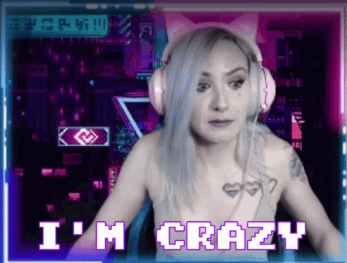A Woman Wearing Headphones Says " I 'M Crazy " In Purple Letters GIF