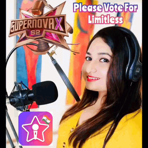 A Woman Wearing Headphones Stands In Front Of A Microphone With A Sign That Says Supernovax S2 GIF