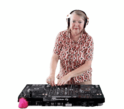A Woman Wearing Headphones Stands In Front Of A Pioneer Dj Controller GIF