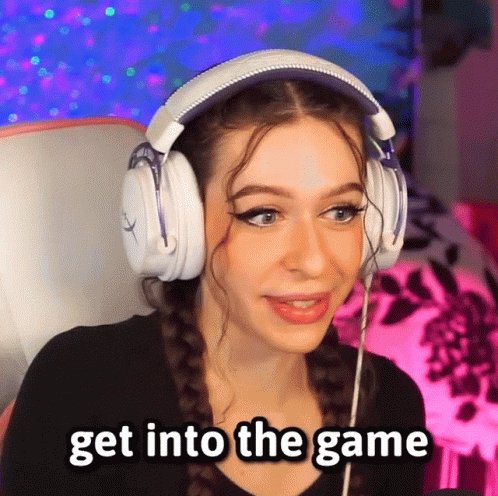 A Woman Wearing Headphones With The Words Get Into The Game On The Bottom GIF