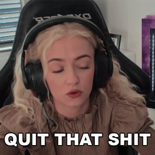 A Woman Wearing Headphones With The Words Quit That Shit Written Below Her GIF