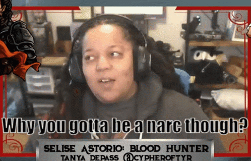 a woman wearing headphones with the words " why you gotta be a marc though "