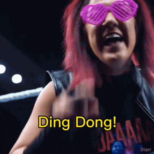 A Woman Wearing Pink Sunglasses And A Black Shirt Says Ding Dong GIF