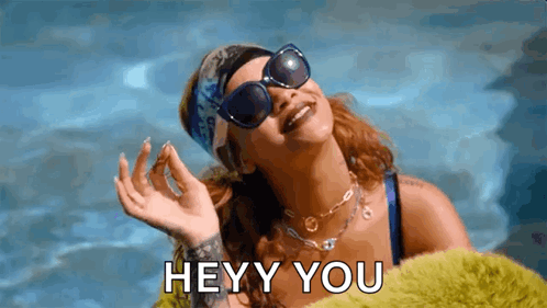 A Woman Wearing Sunglasses And A Bandana Is Laying In A Pool And Says Hey You . GIF