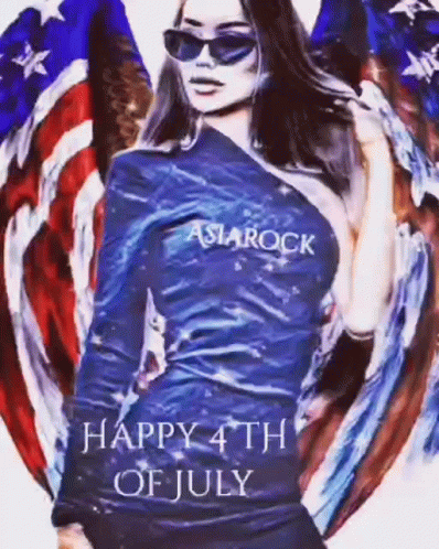A Woman Wearing Sunglasses And A Blue Shirt With The Word Asiarock On It Is Standing In Front Of An American Flag . GIF