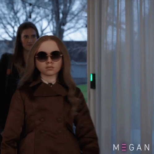 A Woman Wearing Sunglasses And A Brown Coat Is Standing Next To Another Woman And The Word Megan Is On The Bottom Right GIF