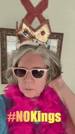 A Woman Wearing Sunglasses And A Crown With The Hashtag #Nokings On The Bottom GIF