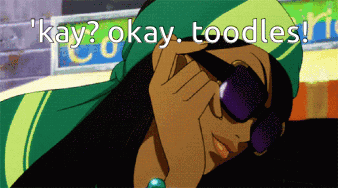A Woman Wearing Sunglasses And A Green Head Scarf Says Kay Okay Toodles ! GIF