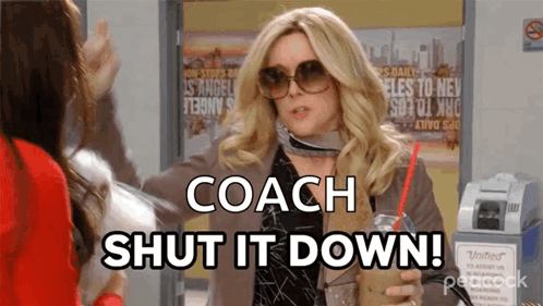 A Woman Wearing Sunglasses Is Holding A Drink And Says Coach Shut It Down GIF