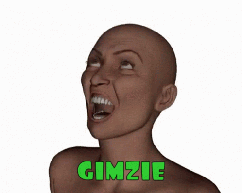 A Woman With A Bald Head Is Screaming With The Word Gimzie In Green Letters Behind Her GIF