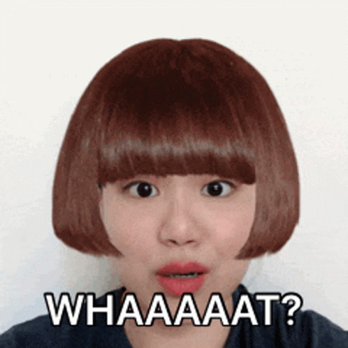 A Woman With A Bob Hairstyle Has The Words Whaaaat On Her Face GIF