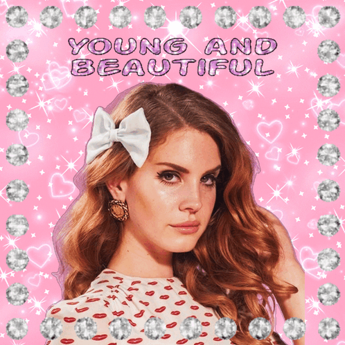 A Woman With A Bow In Her Hair Is Surrounded By Diamonds And Hearts And The Words Young And Beautiful GIF