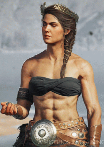 A Woman With A Braided Hair And A Crown On Her Head Is Standing In Front Of A Misthios In Training Logo GIF
