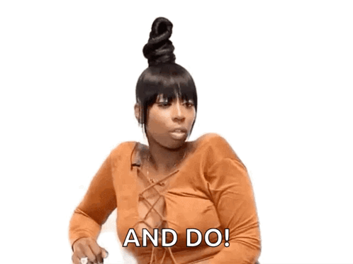 A Woman With A Bun On Her Head Is Sitting Down With The Words `` And Do '' Written Next To Her . GIF